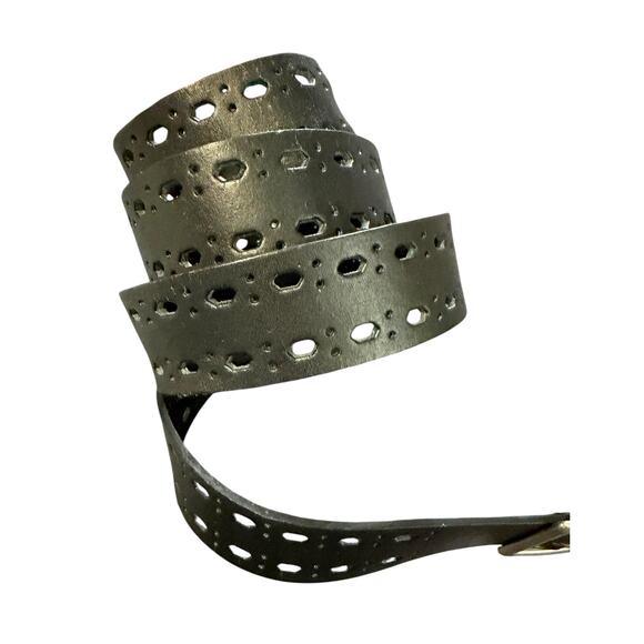 Womens Leather Belt 40-46" Waist Black Double Prong Silver Buckle - Picture 5 of 8